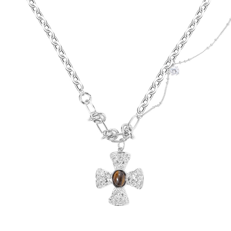 Wholesale of original hip-hop punk style necklaces from Europe and America, simple and elegant collarbone chains, tiger's eye stone cross retro pendants Item Picture