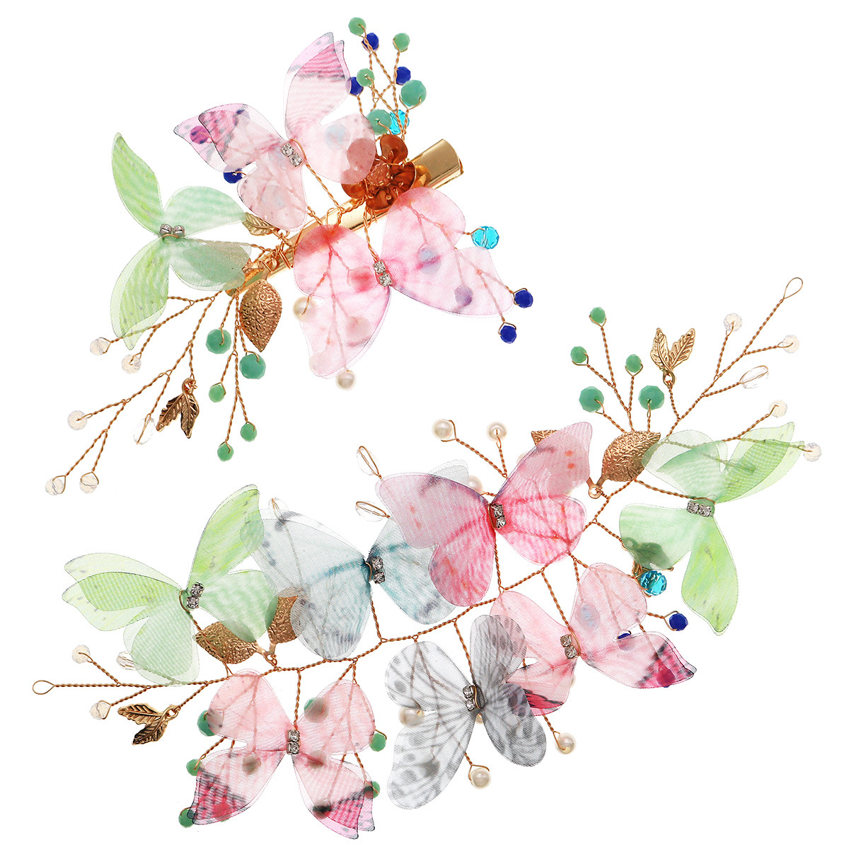 Vacation-style colorful mesh butterfly hair band, forest-themed fairy pearl crystal bead hair clip, fresh and sweet photo hair accessory Item Picture