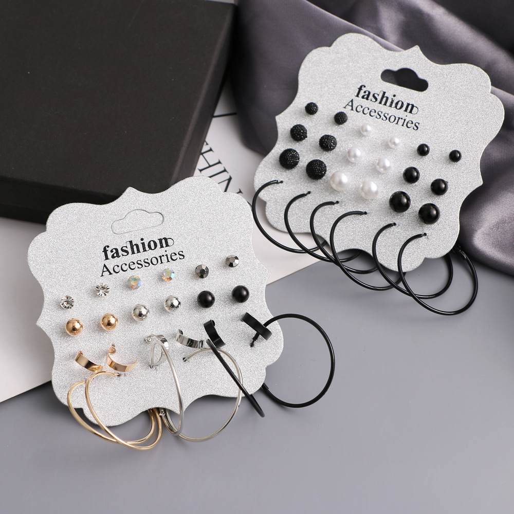 European and American cross-border exaggerated pearl stud geometric circle diamond alloy earrings 12 pairs set ring earrings details Picture