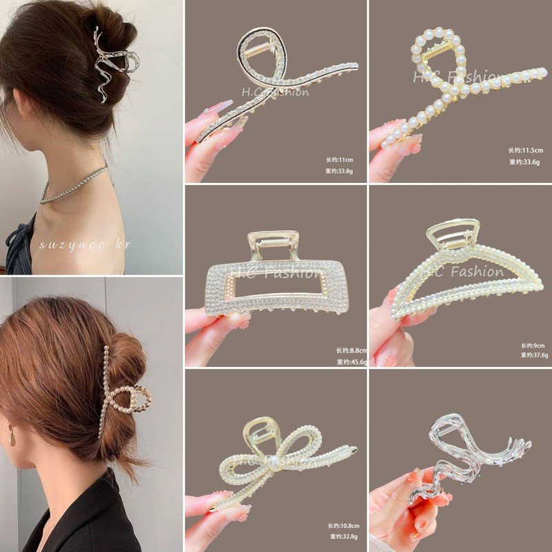 Classic bestseller summer large-sized elegant alloy grappling clip, women's pearl and diamond-encrusted shark clip, back head hair clip full figure