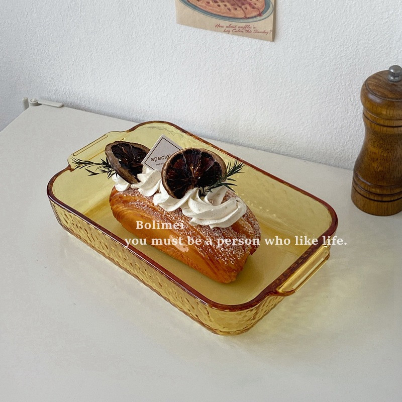 Korean InS-style amber glass baking tray, heat-resistant glass plate, fruit plate, salad plate, Western cuisine details Picture