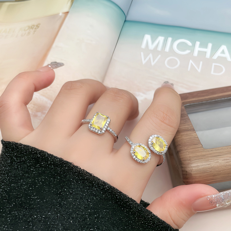 Exquisite retro double zircon yellow diamond, unique and fashionable open ring, women's Instagram, cold style, light luxury index finger ring details Picture