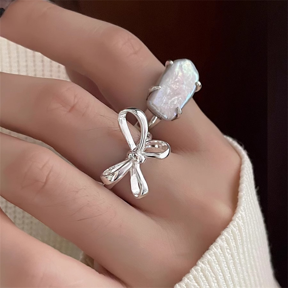 Korean bow ring for women, 925 sterling silver pearl ring, ins, cold style, simple and individual, light luxury index finger ring trend full figure