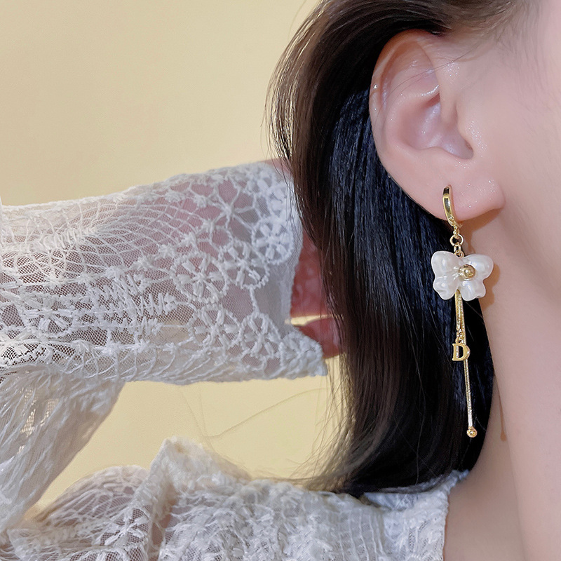 S925 Silver Needle, super ethereal, white bow stud earrings, women's high-end design, long tassel earrings wholesale Specification drawing