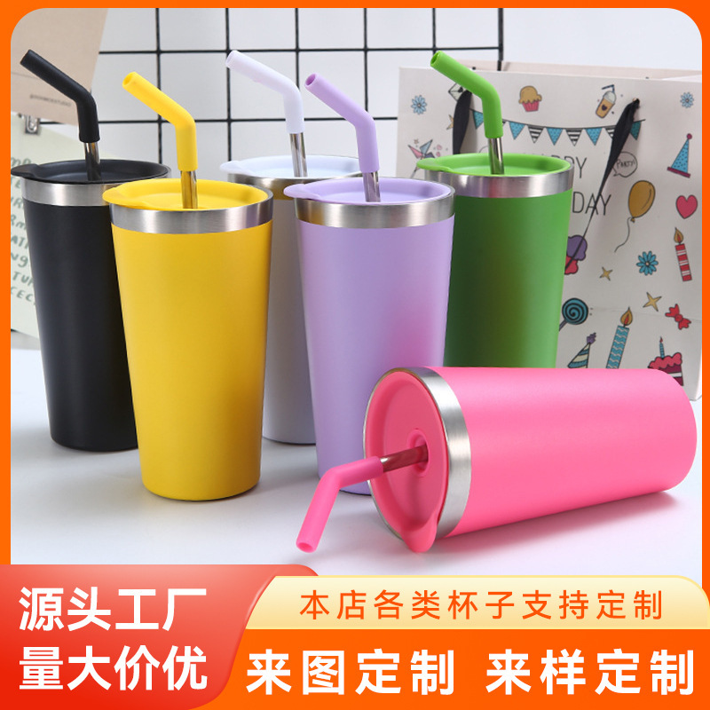 New cross-border 304 stainless steel solid-color straw cup, conical portable car coffee cup, vacuum insulated car cup full figure