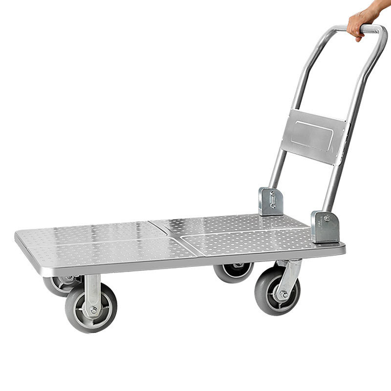 Thickened steel plate flatbed cart, household handcart for transporting goods, folding small trolley, lightweight handling, four-wheel small trailer for foreign trade Item Picture
