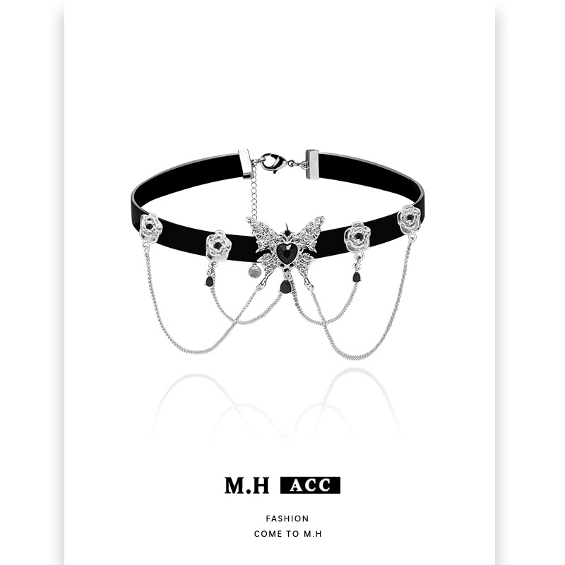 Original style personalized butterfly black heart necklace, sweet and cool girl choker collar, dark style leather collarbone chain Specification drawing