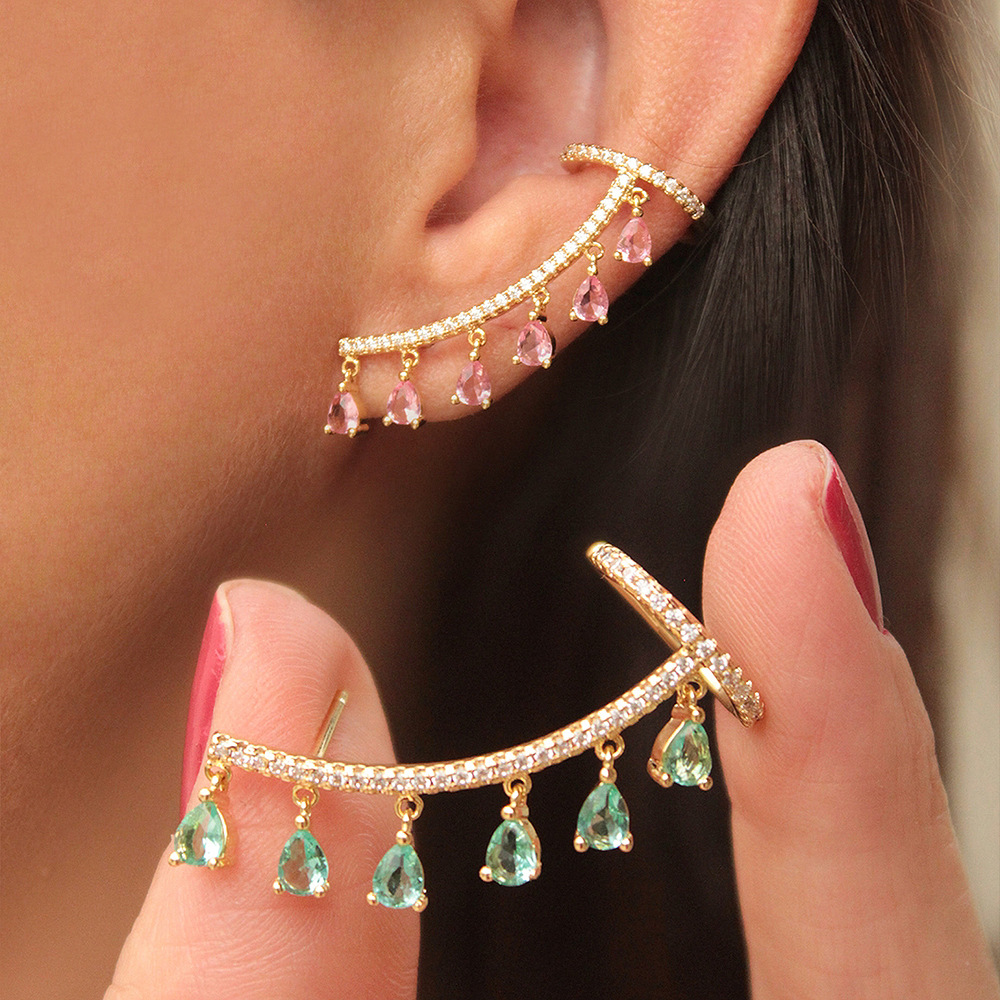 New Korean earrings with water drop tassels, women's forest-style zircon ear clips and stud earrings, integrated European and American cross-border accessories full figure