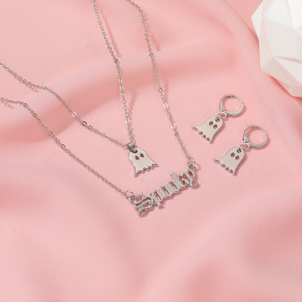 New European and American set: Simple and fun double-layer letter Little ghost necklace, funny little elf earrings, Halloween accessories Specification drawing