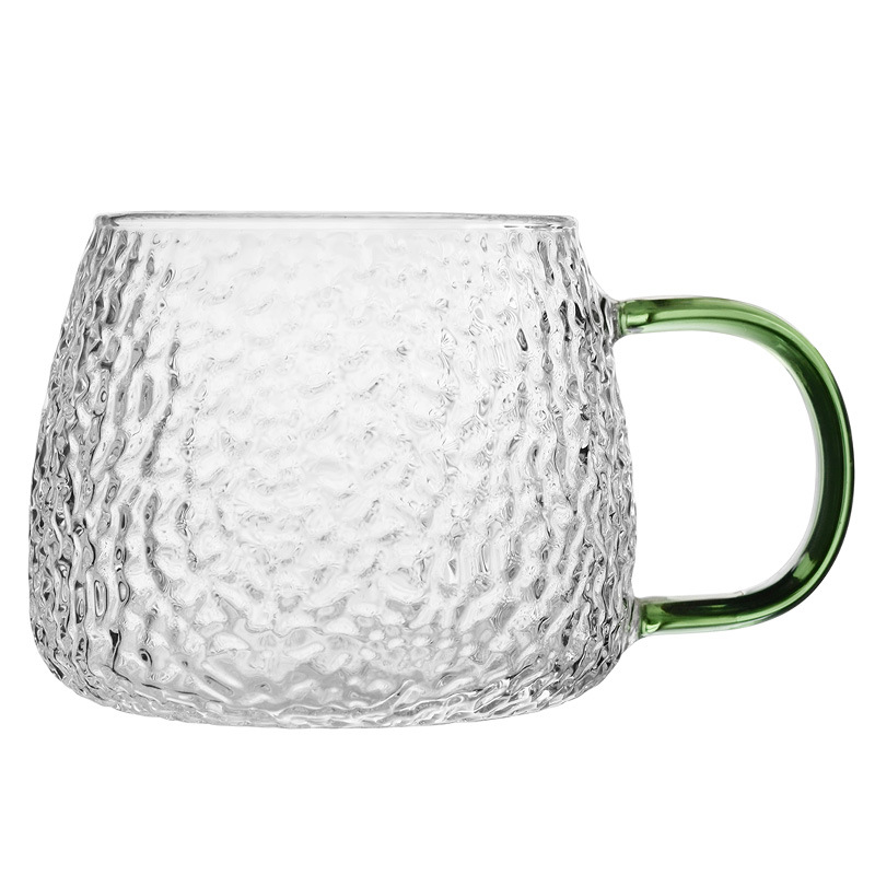 Customized hammer-patterned glass cups, heat-resistant milk and juice drink coffee cups, high-appearance-level household colored handle tea cups Item Picture