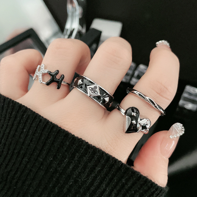 Dark Saturn drip glaze irregular heart-shaped opening ring, actress ball, ins fashion punk personality versatile ring full figure