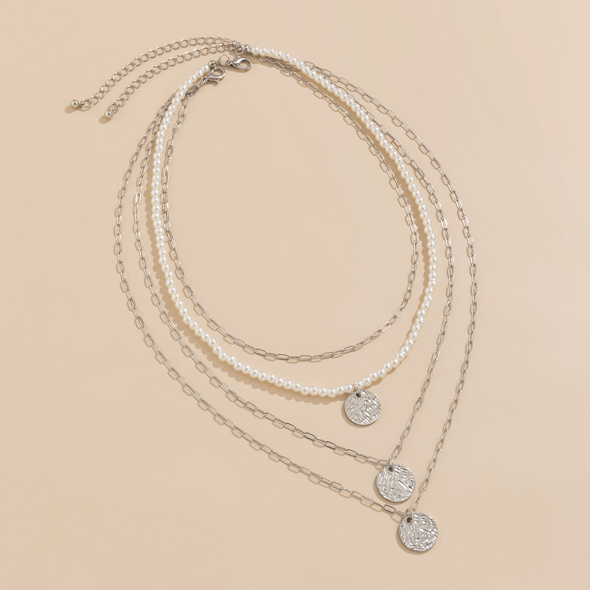 European and American cross-border jewelry, ethnic style imitation pearl woven layered necklace, retro rough surface round tag set necklace Application Scenario