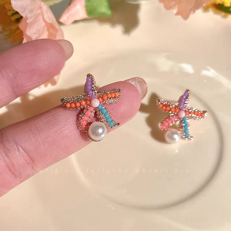 Island coral, colorful starfish, pearl, silver needle stud earrings, sweet and unique earrings for women's seaside vacation Specification drawing