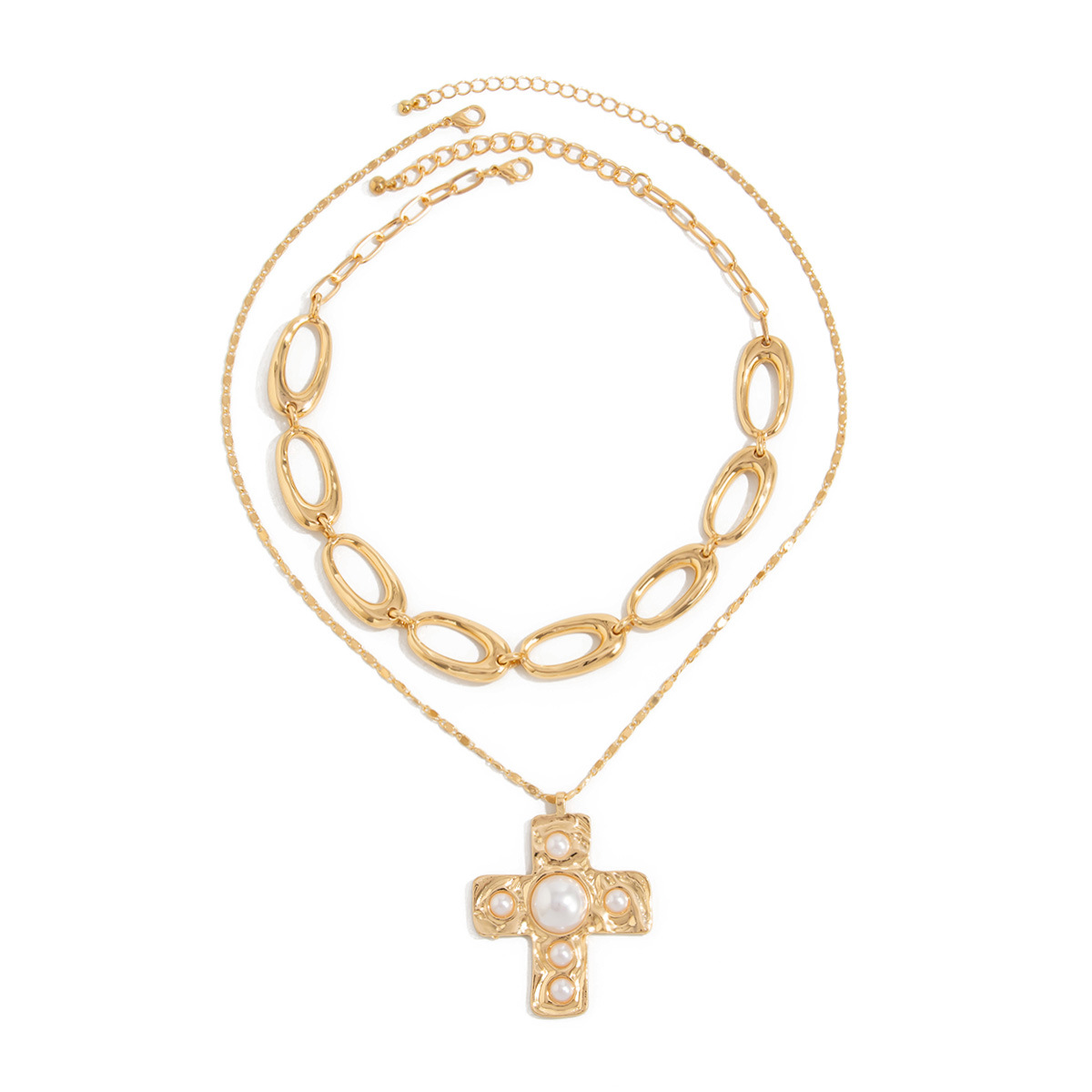 European and American cross-border jewelry design sense ins cross pendant necklace, simple and elegant multi-layer pearl imitation necklace Item Picture
