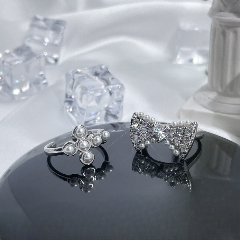 Sweet and cool light luxury bow pearl zircon open ring, exquisite and high-end, niche design, fashionable and individual ring full figure