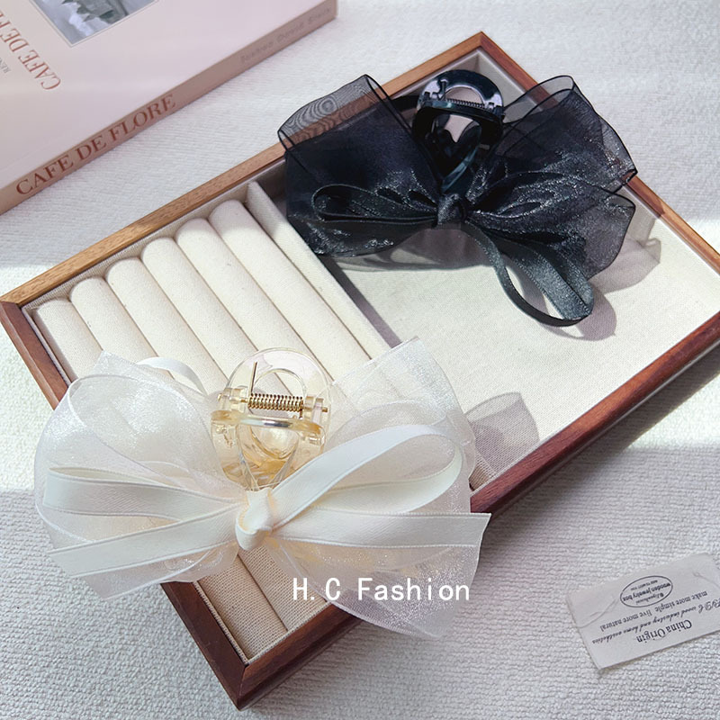 Korean mesh bow clip for women's hair, large volume hair clip headwear, high-end and elegant shark clip at the back of the head full figure