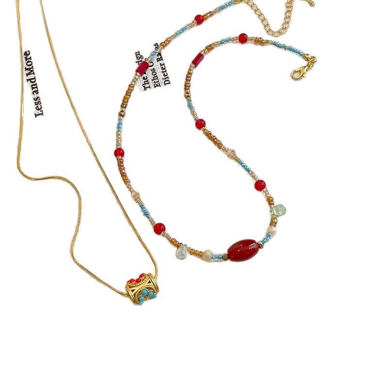 New Chinese-style dopamine colorful beaded necklace for women, Spring/Summer 2025 new collarbone chain double-layer stacked neckchain accessory Item Picture