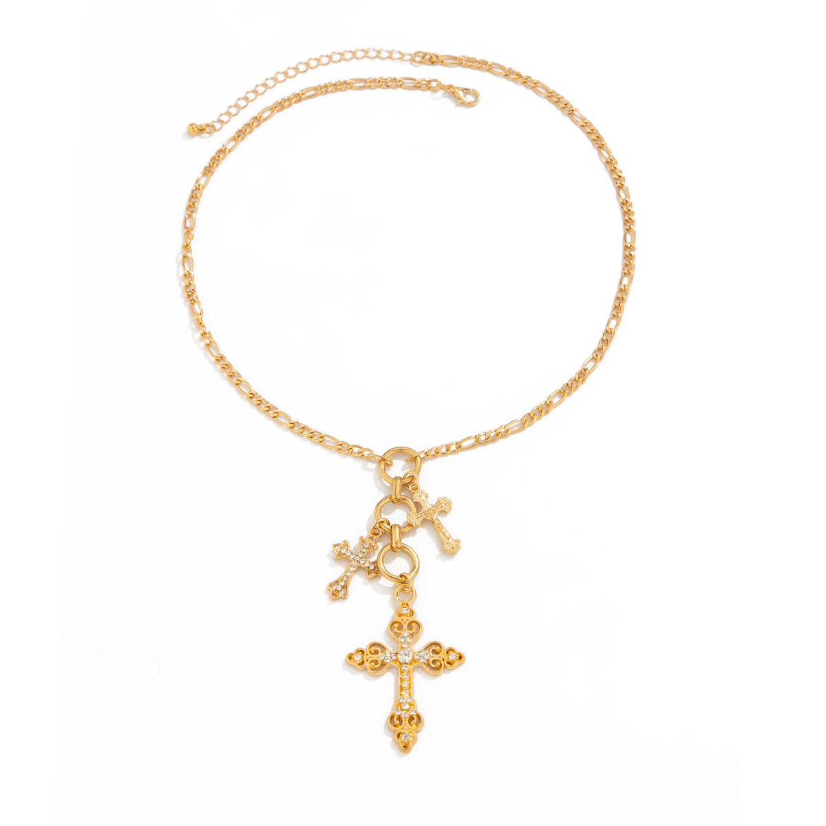 European and American cross-border jewelry, retro alloy diamond-encrusted cross necklace, trendy Instagram-style metal chain necklace Item Picture