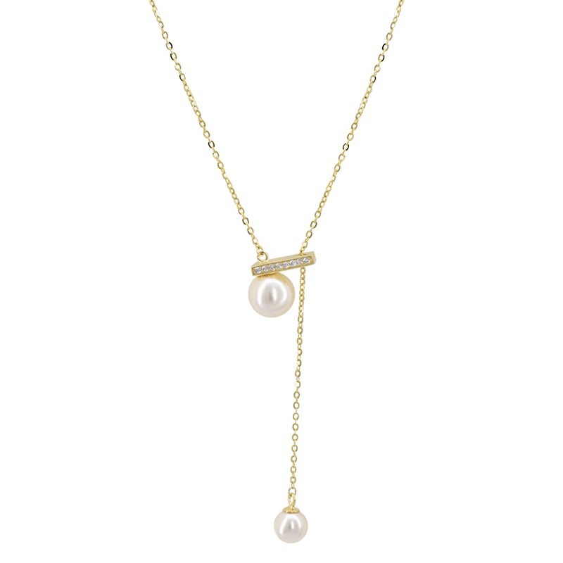 Light luxury zircon pearl balance beam pull-out necklace for women, a unique, fashionable and simple style, versatile collarbone chain Item Picture