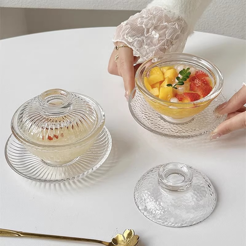 Bird's nest bowl, silver ear fungus small stew pot, glass transparent and exquisite home Chinese-style afternoon tea bowl and plate set with lid, dessert bowl full figure