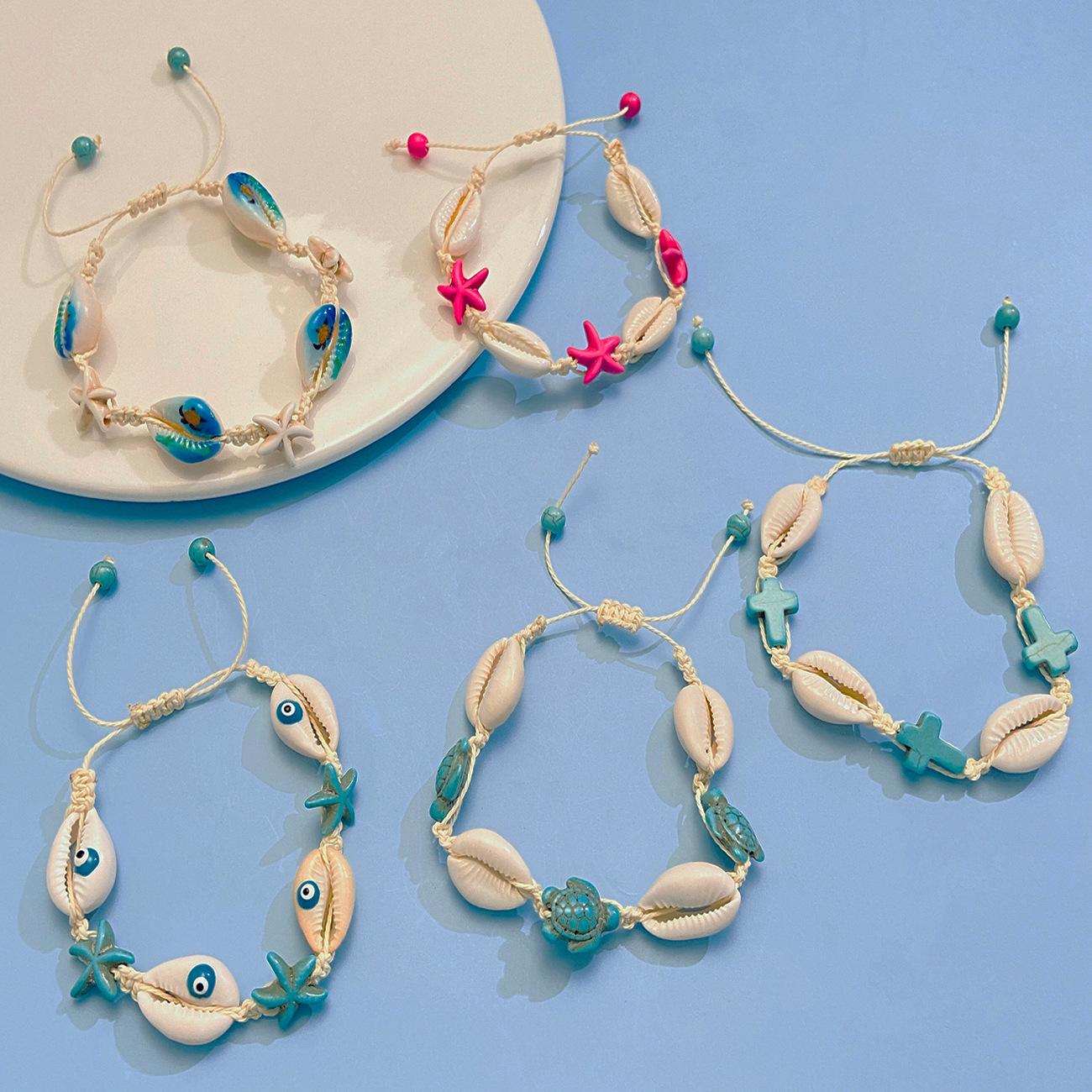 Summer ocean-style cartoon shell jewelry set for women, Bohemian creative woven turtle and starfish necklace bracelet Specification drawing