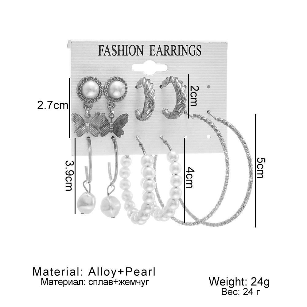 Cross-border circle ear ring creative retro pearl ring earrings set of 5 pieces acrylic butterfly pendant earrings Specification drawing