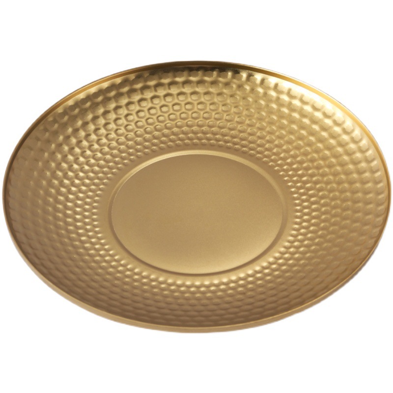 Creative hammer-patterned 304 stainless steel plate, household fruit plate, double-layer insulated vegetable plate, golden snack, dessert and cake plate Item Picture