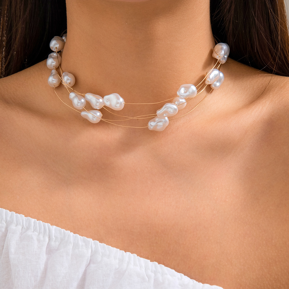 Popular accessories in Europe and America: simple necklace niche retro beaded collarbone chain, baroque imitation pearl necklace for women Specification drawing