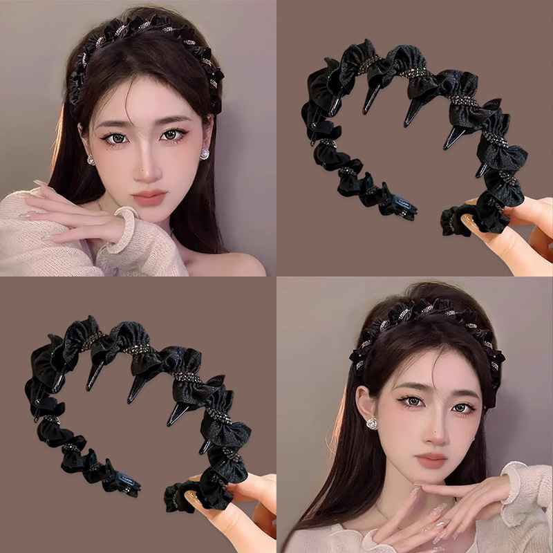 Black braid high top hairband with a high-end feel, light luxury water diamond hairband, daily external wear headband, toothed anti-slip hair clip full figure