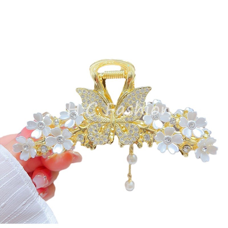 Butterfly flower tassel hairpin for women, high-end style, large back head claw clip, high appearance level, step tassel shark clip Item Picture