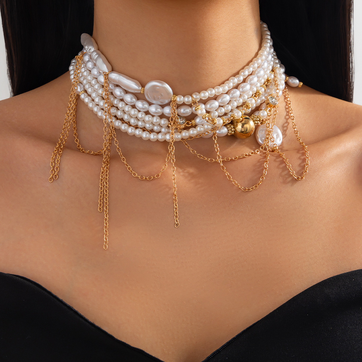 European and American cross-border jewelry fashion pearl beaded multi-layer Necklace light luxury style alloy chain tassel Necklace Specification drawing