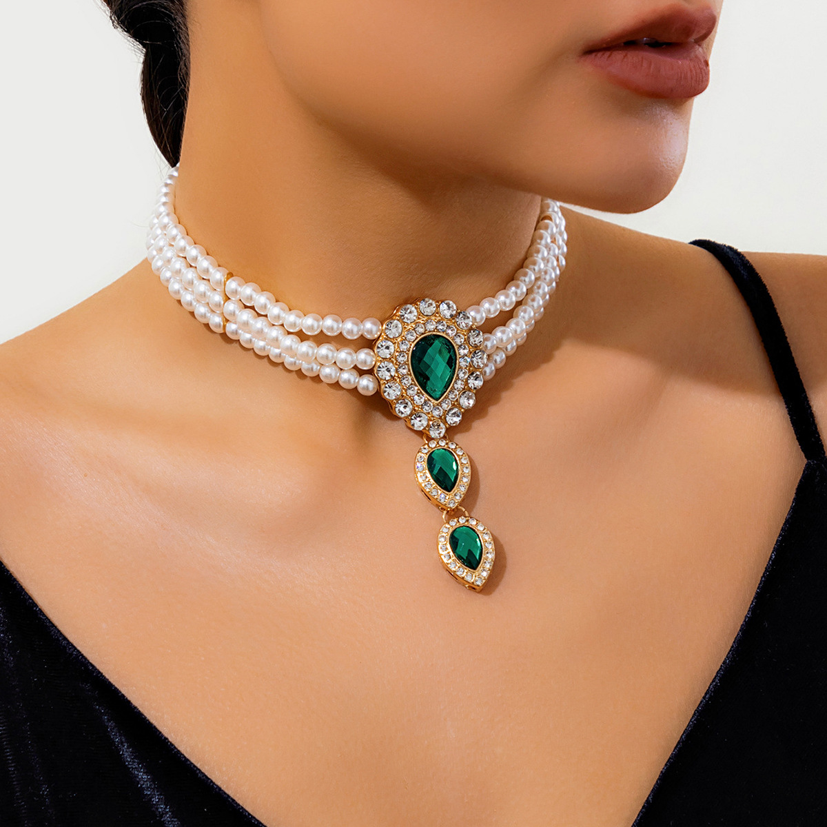 European and American cross-border jewelry, light luxury retro style beaded choker necklace, imitation pearl rhinestone fashionable collar jewelry Specification drawing