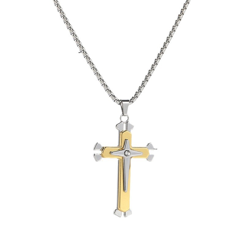 Wholesale of the 2024 cross-border new Saint Knight style men's cross-shaped pendant in silver and gold with a powerful titanium steel pendant necklace Item Picture