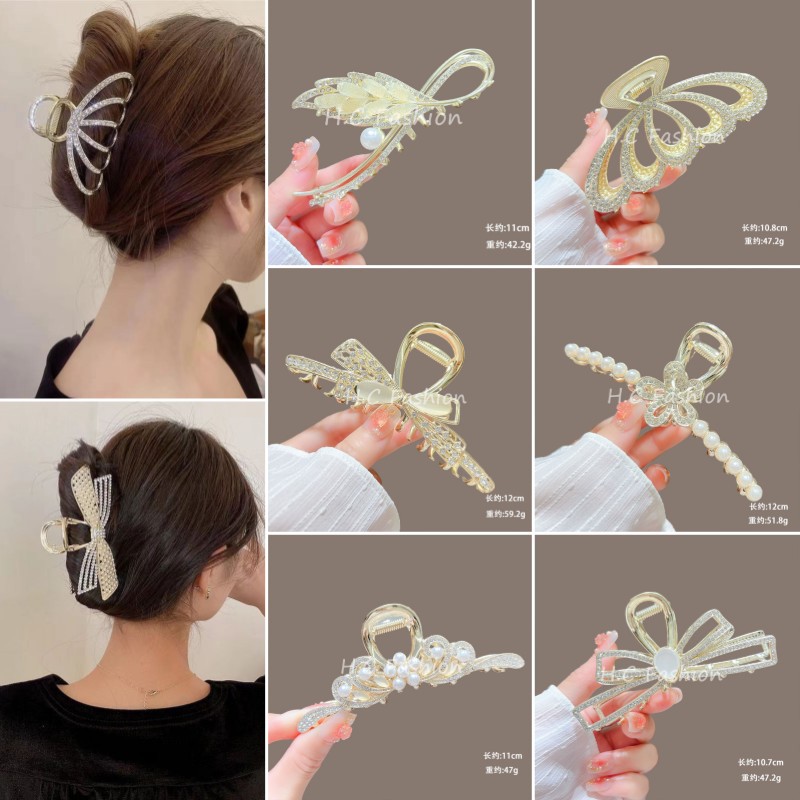 The 2024 new light luxury style bow hair clip is studded with diamonds, a large alloy gripper, and a shark clip for the back of the head full figure