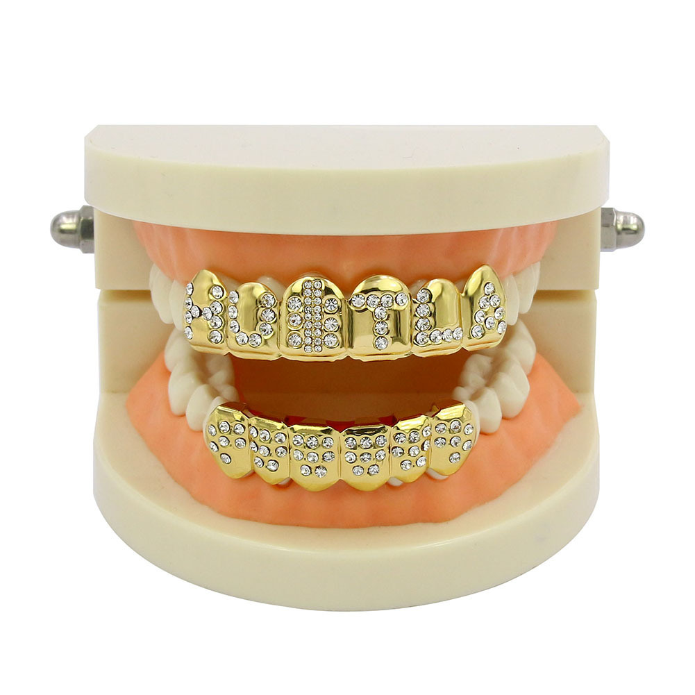 New European and American diamond-encrusted real gold electroplated English letter hip-hop gold braces as Halloween gift accessories full figure