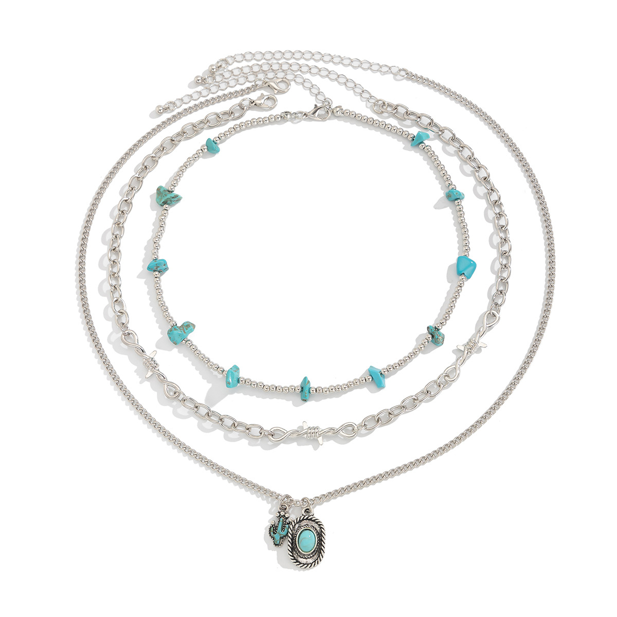 European and American cross-border jewelry, retro turquoise denim hat, alloy necklace, ethnic-style cactus pendant, collarbone chain Item Picture