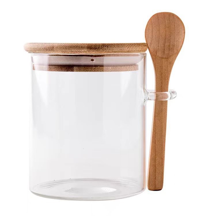 High borosilicate sugar storage jar with spoon, household sealed storage glass storage jar, transparent for kitchen organization Item Picture