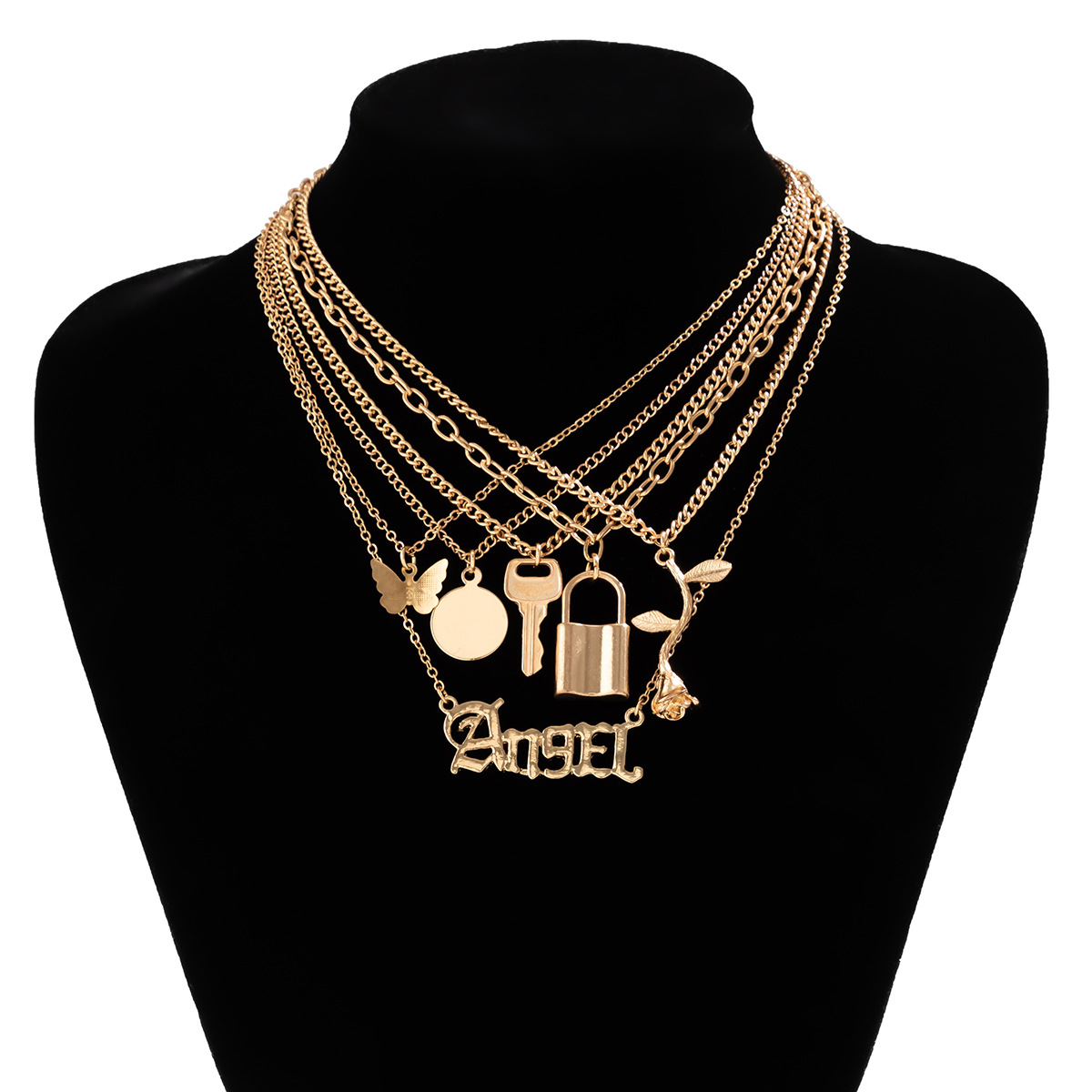 European and American cross-border jewelry layering, cold style butterfly necklace set, niche metal chain angel letter necklace Application Scenario
