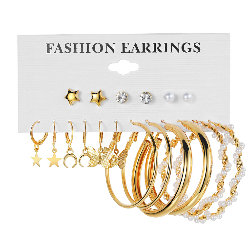 Wholesale of new cross-border silver butterfly pearl earrings, creative and simple five-pointed star moon earrings set of 9 pairs Specification drawing