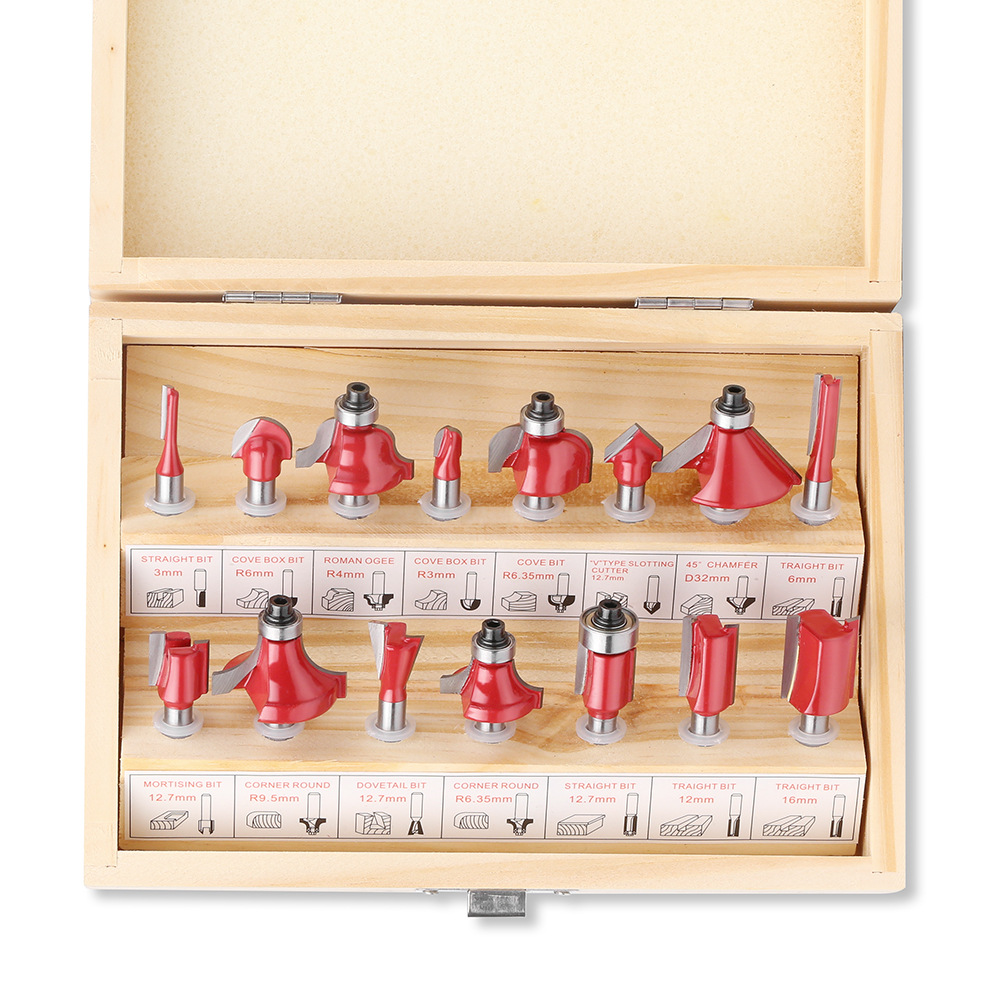 15-piece set of 1/4 handle, 1/2 handle, 8 handle, 6 handle woodworking milling cutter sets, decoration edge machine, 12-piece set of woodworking slotting milling cutters details Picture