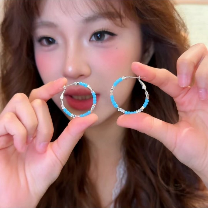 Blue Danube River Korean-style circle earrings, a niche design for women, are suitable for round faces as earrings and stud earrings full figure