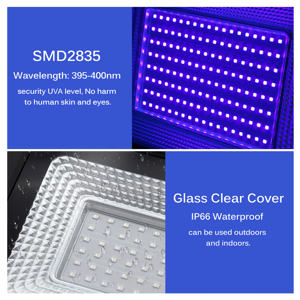 Cross-border led purple light floodlight 395nm100W haunted house bar fluorescent detection uv glue curing indoor IP66 lamp Specification drawing