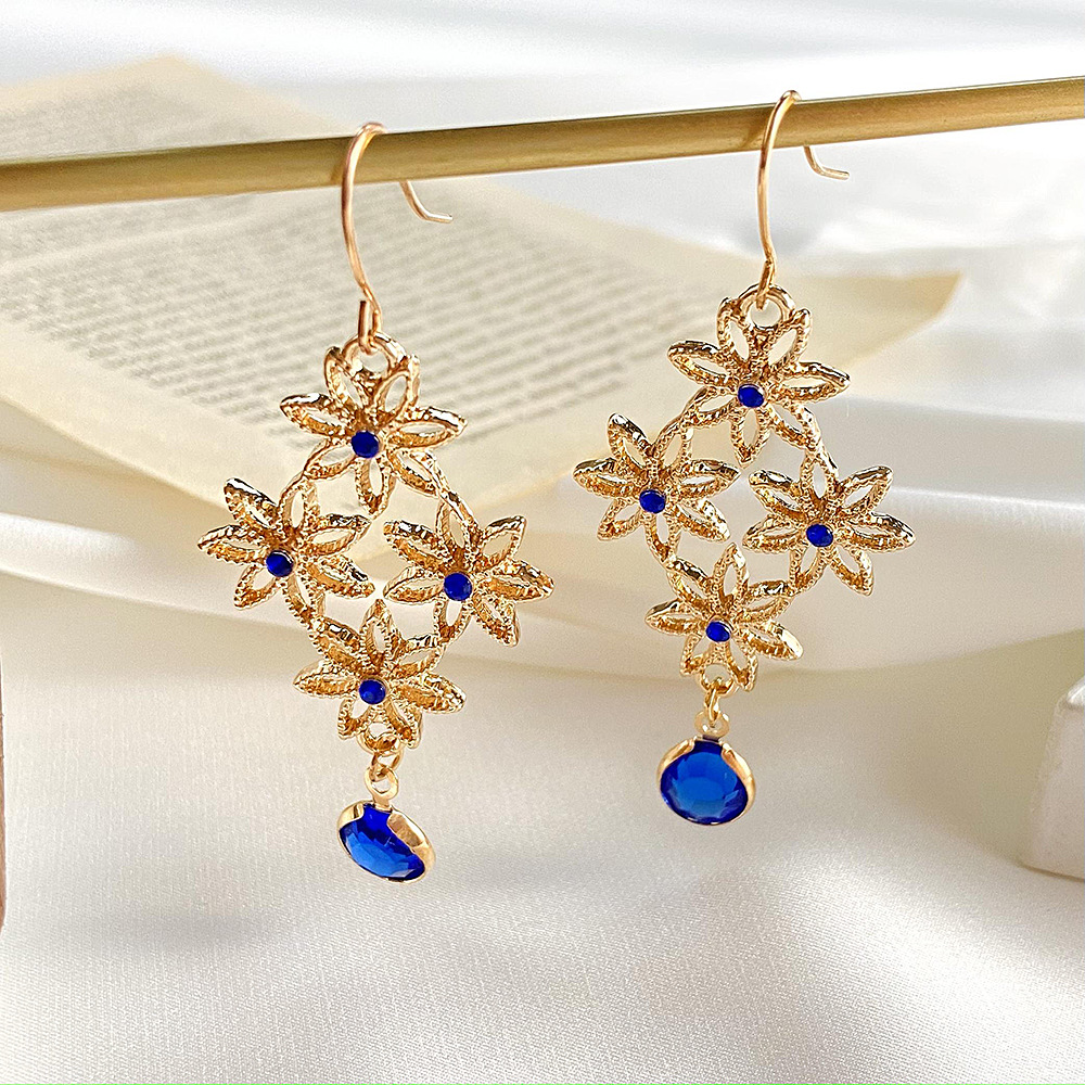 European and American ins retro creative hollowed-out flower earrings, Bohemian ethnic style blue diamond-encrusted rhombus-shaped earrings for women details Picture