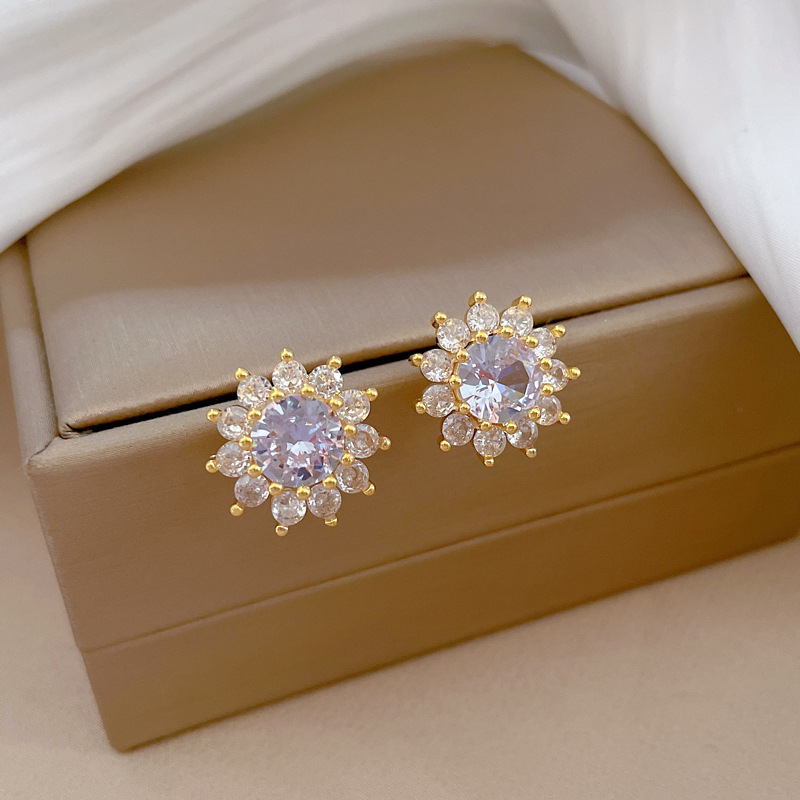 【 Titanium Steel 】 Sun Flower Necklace Earrings Set, Light Luxury, micro-inlay, personalized and elegant banquet earrings and Necklaces combination Specification drawing