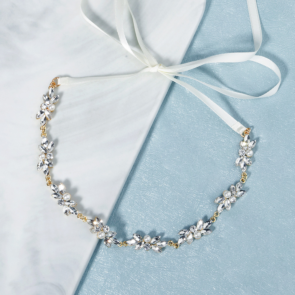 Japanese and Korean bride accessories: Pearl inlaid drill bit headwear, forest-themed crystal floral headwear, daily simple soft chain ribbon, hair band full figure