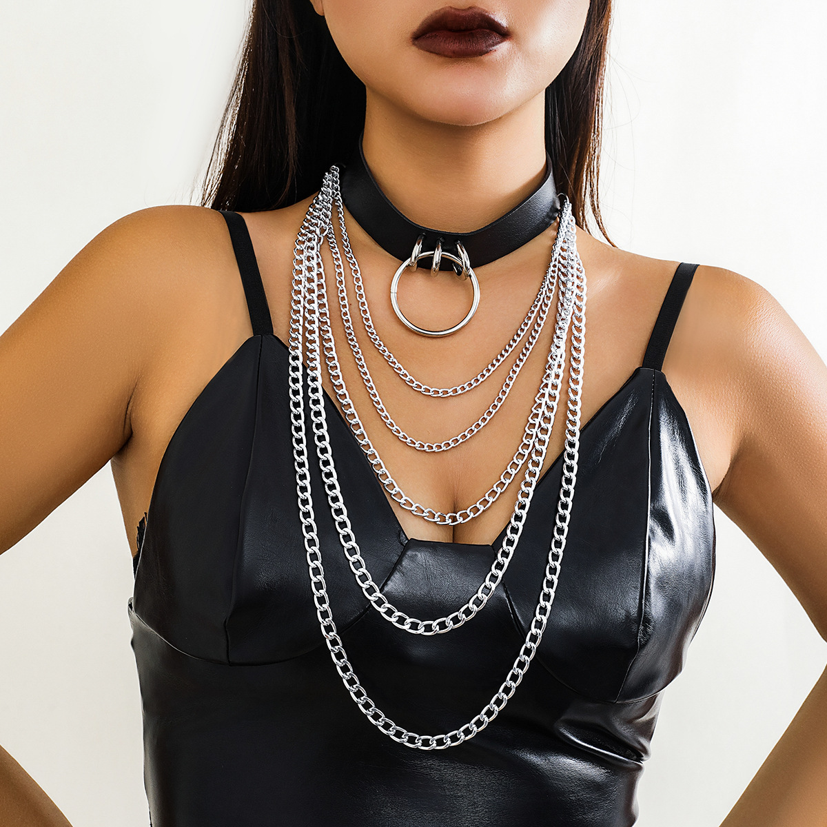 European and American cross-border jewelry, sweet and cool metal ring leather choker necklace, cross collar, sword-shaped punk necklace full figure