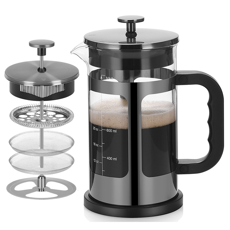 Hand-brewing press, high borosilicate glass household filter tea maker, double-layer filter screen cold brew coffee French filter press full figure