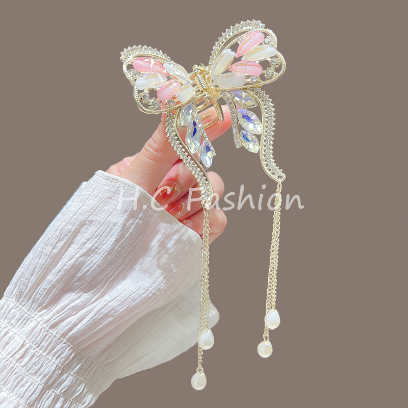 Summer 2024: Super fairy-like bow tassel metal hair clip, water diamond grab clip, elegant shark girl updo, shark clip hair accessory Specification drawing