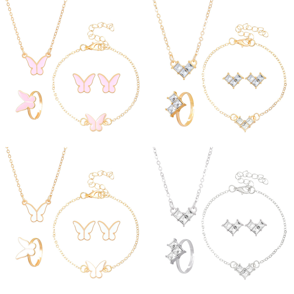 European and American exaggerated heart-shaped butterfly stud rings, bracelets, necklaces, jewelry sets, women's fashion four-piece sets, cross-border accessories full figure