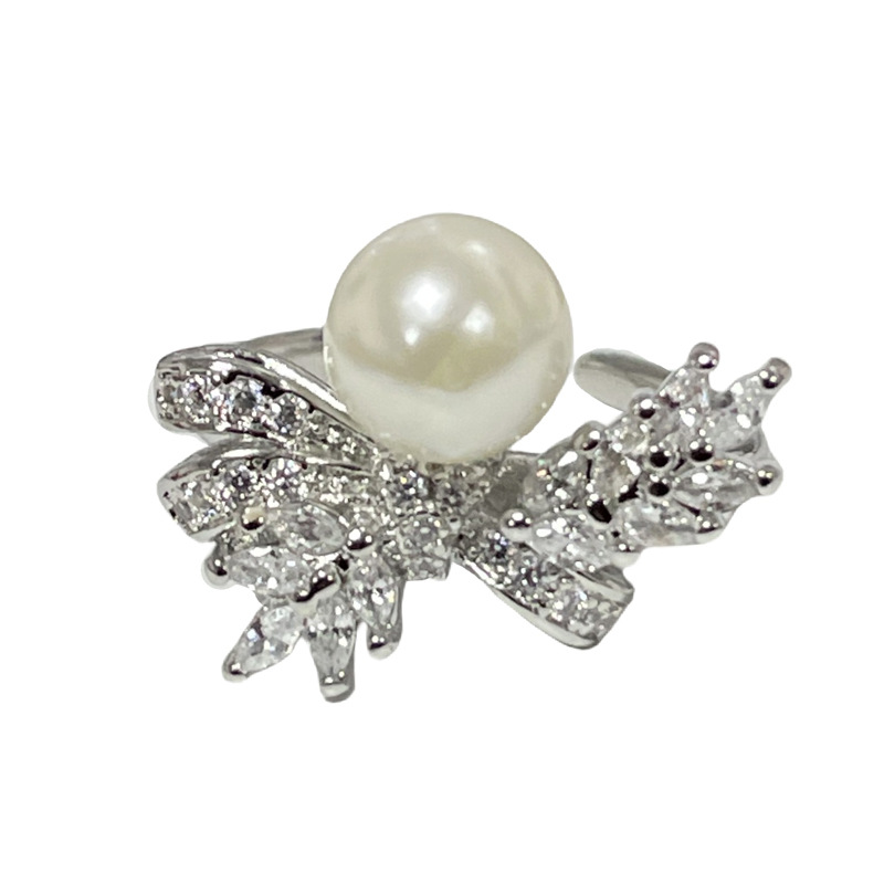 A light luxury full-diamond bow and pearl inlaid open-top ring for women on Instagram, with a cold style, a unique and high-end sweet and cool vibe Item Picture